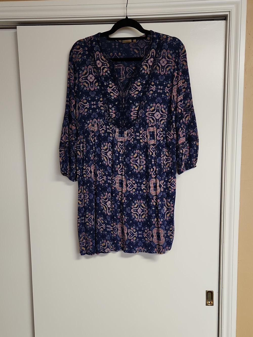 True Craft Navy Blue Printed V-Neck Mini Dress with Pink Accents